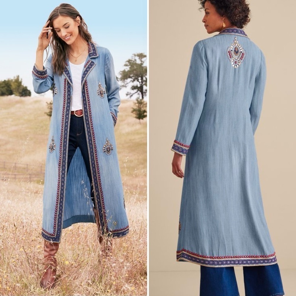 NWT Soft Surroundings Morena Duster denim jewel beaded boho long cardigan Medium - Picture 3 of 13